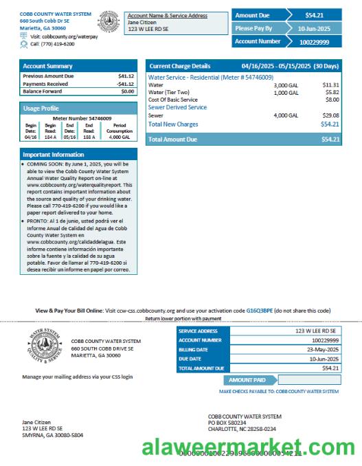 USA Cobb County Water System utility bill template in Word and PDF formats, version 2